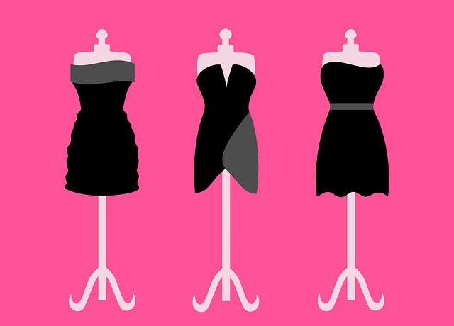 three black and gray dresses on a pink background; placeholder image for template purposes
