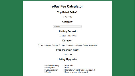 screenshot of an eBay Fee Calculator