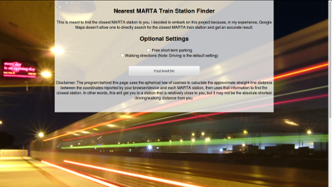 screenshot of my Atlanta MARTA Train Station Finder